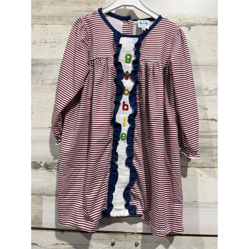 Southern Taters Smocked Dress Girls 5 Maroon Stripe Gobble Turkey Fall